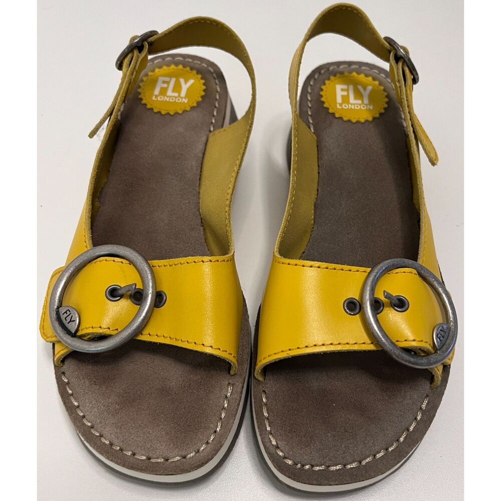 Fly London Tram 2 Brooklyn Yellow slingback wedge sandal. Size 39 (8, 8.5).